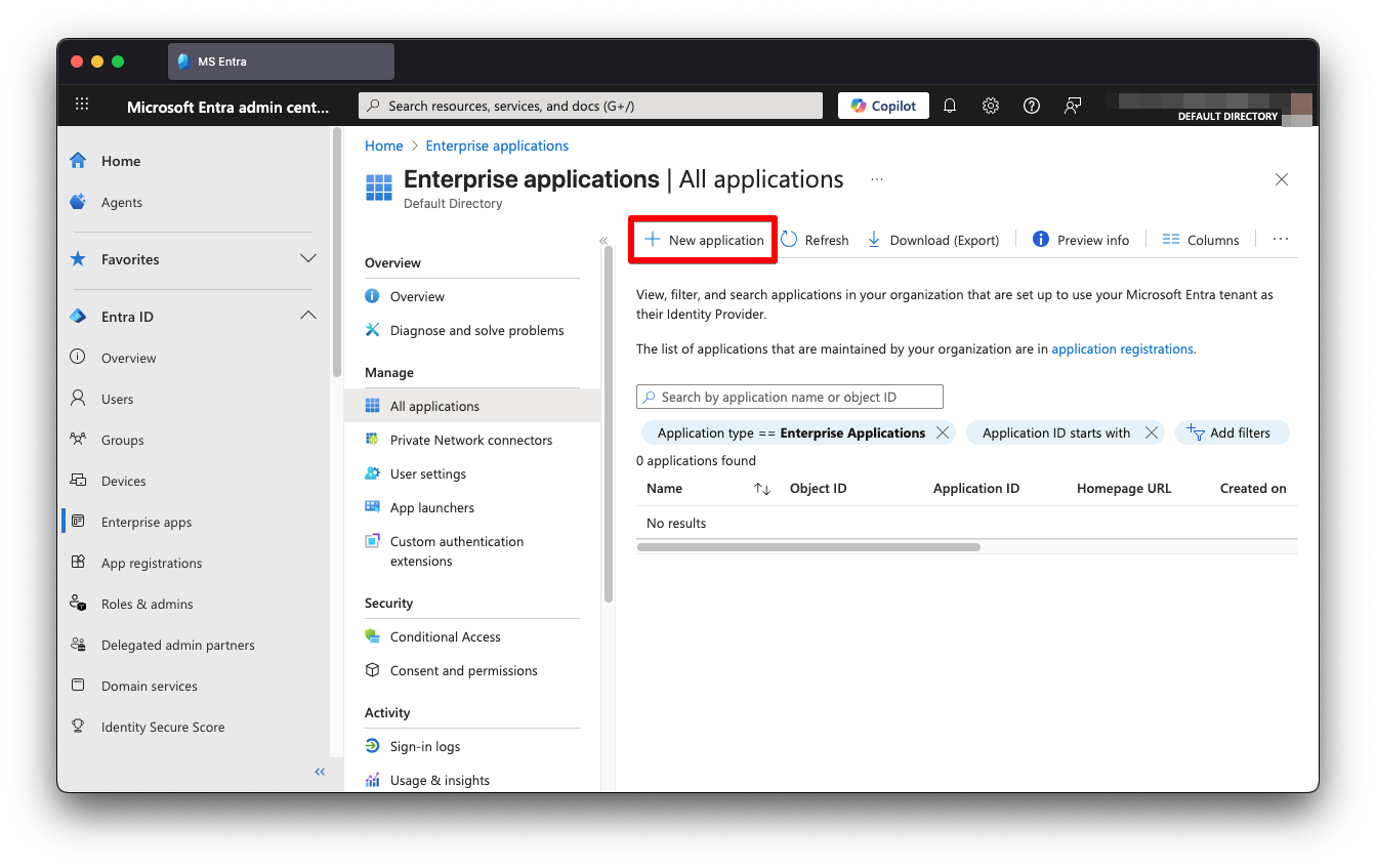 MS Entra new application button