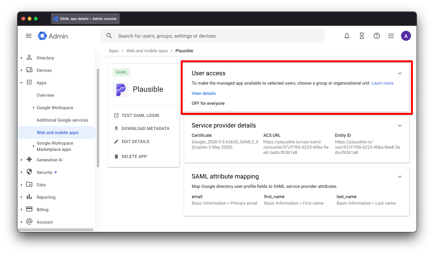 Google Workspace user access card