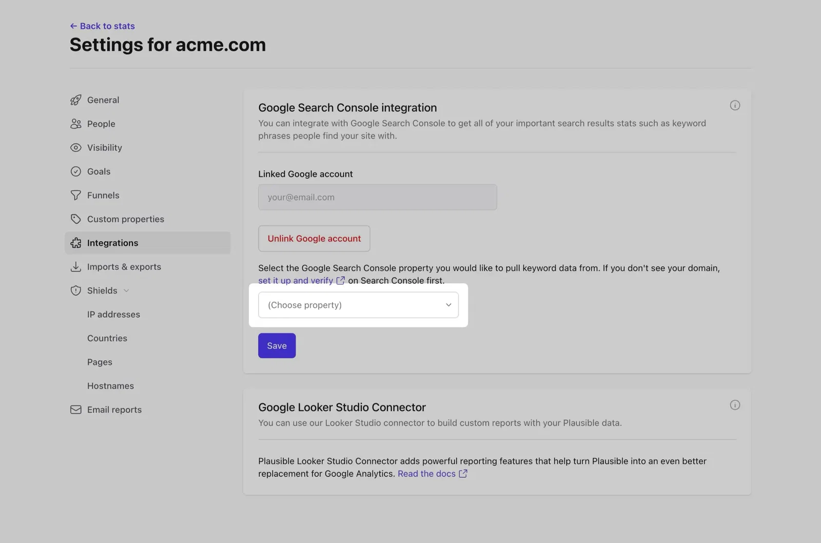 Choose which property from Google Search Console to integrate with
