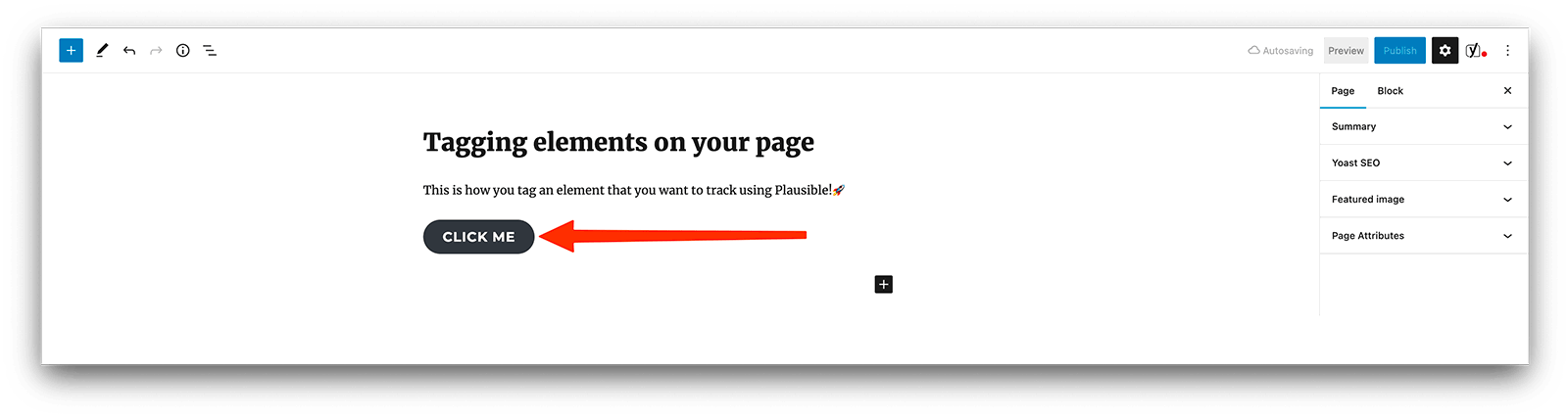 Click on any WordPress block element you want to track such as a button