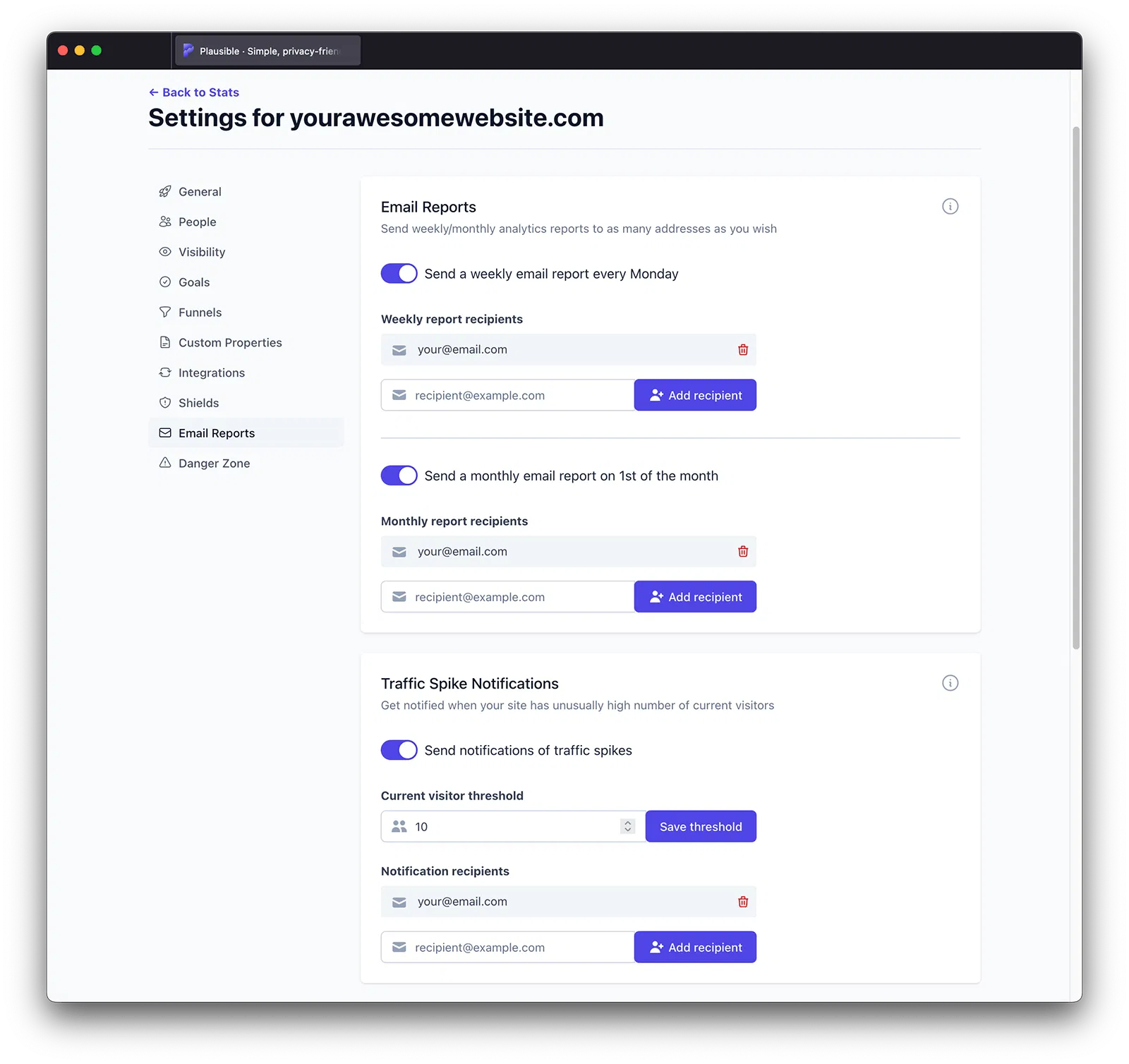 Plausible email reports