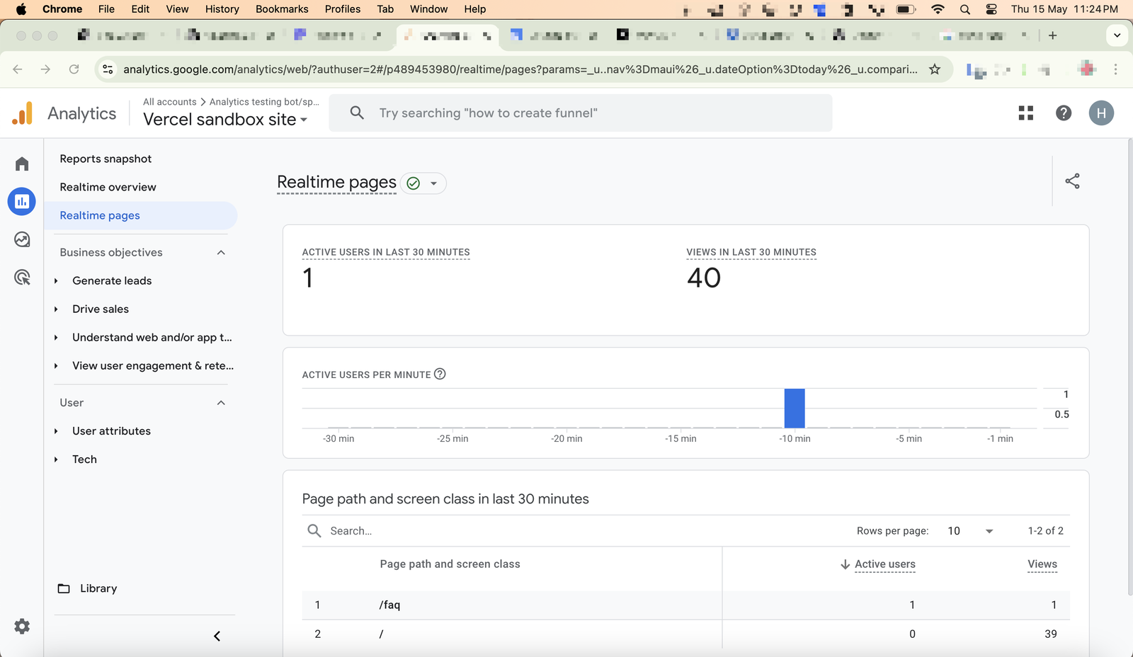 GA real time dashboard showing bot traffic as real traffic for a second time